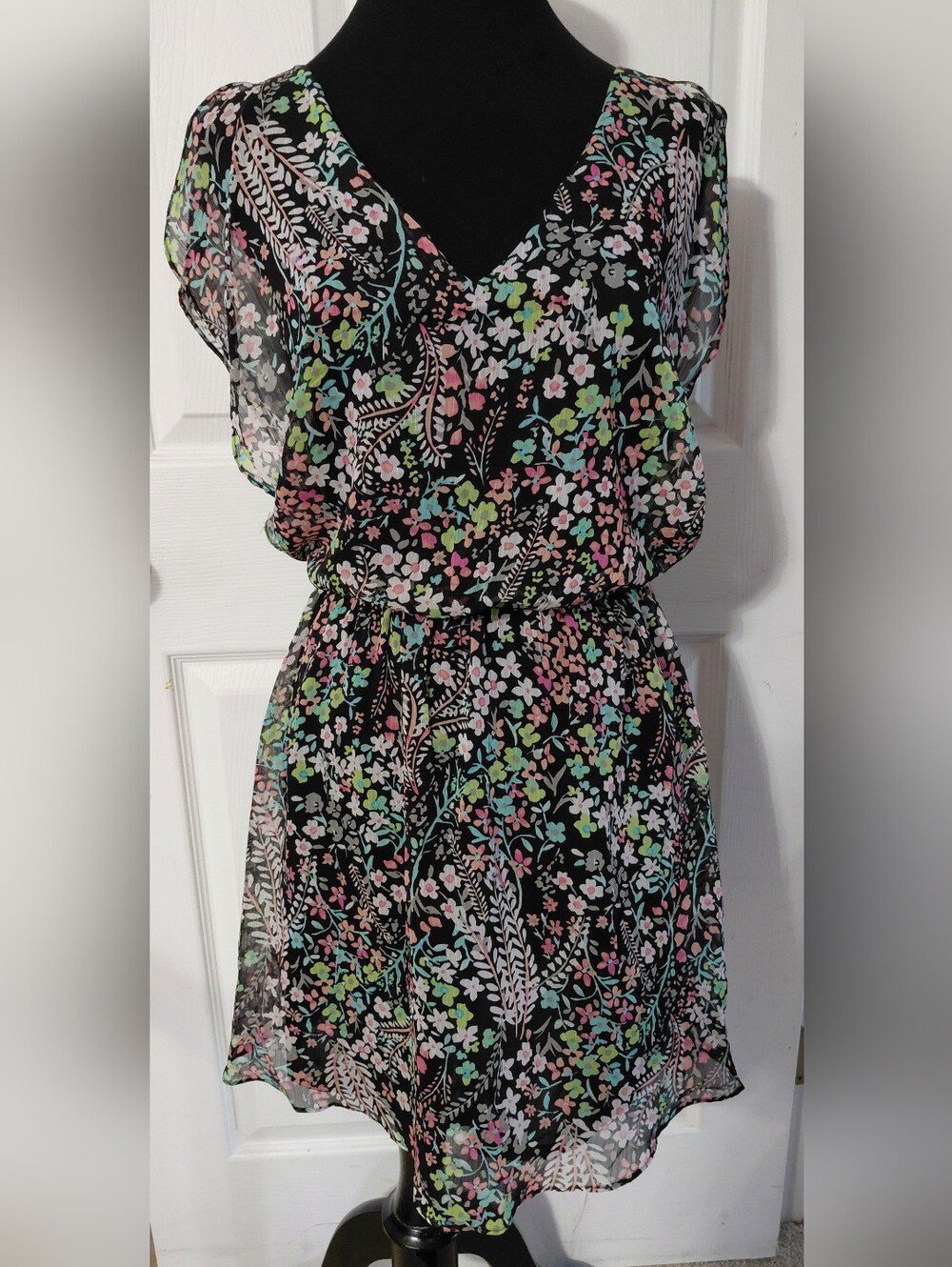 Candie's Black Floral Dress with Pink and Mint Accents